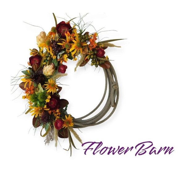 22 inch Summer Fall Harvest Rope Wreath With Faux Wild Flowers & Greenery For Ho - Picture 3 of 5